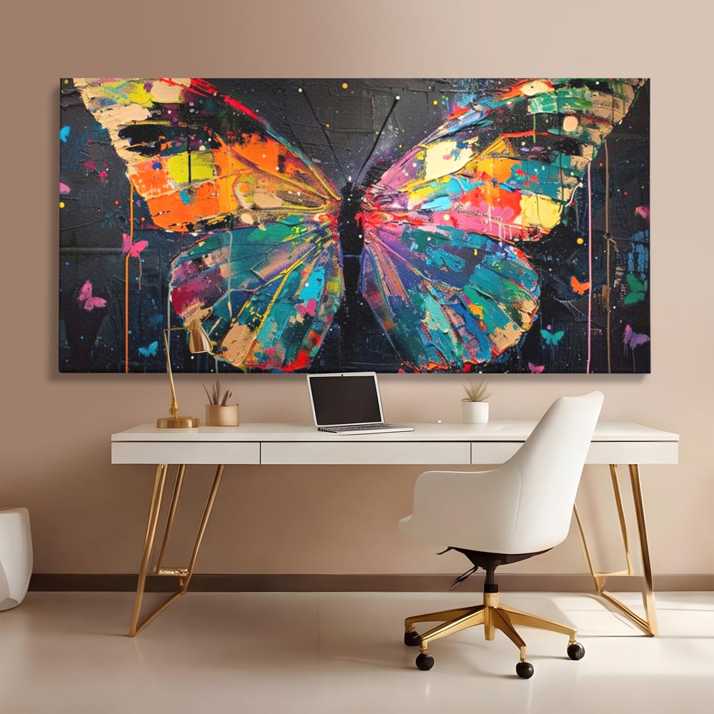 Tablou canvas cu tablou canvas cu fluture multicolor, fara rama, pe sasiu de lemn, pe perete intr-un birou